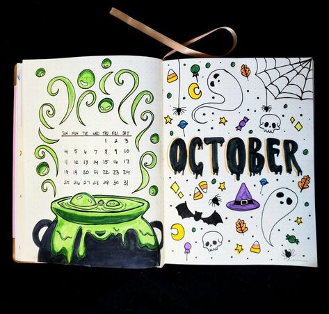 October Book Journal Ideas, Halloween Calender Ideas, Bojo Journal Ideas October, Halloween Theme Journal, October Aesthetic Journal, October Calendar Doodles, Drawing Calendar Ideas, October Journaling Ideas, October Calander Ideas