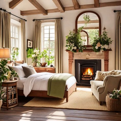 Bedrooms With Fireplaces Master, Tudor Bedroom Ideas, Boho Bedroom With Fireplace, Rustic Cottage Bedroom Ideas, Cottage Master Bed, Bedroom Fireplace Ideas Master, Small Bedroom With Fireplace, Bedroom With Fireplace Master, Fireplace In Bedroom Ideas