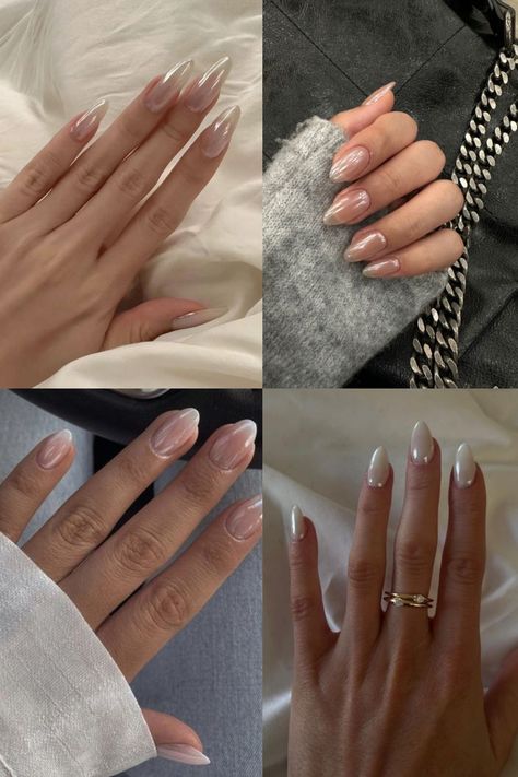 Chrome Clear Nails, Classy Nails Natural, Clear Chrome Nails, Nails Natural Look, Classy Nails Short, Chrome Nails Almond, Short Classy Nails, Clean Girl Nails, Nails Clear