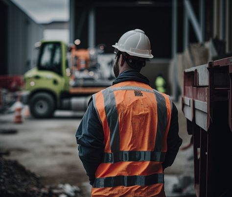 A man in a safety helmet and a hi-vis jacket stands in front of a truck and a construction site Construction Vest, Construction Photography, Safety Jacket, Colorful Vest, Reflective Vest, Construction Workers, Tier 1, Safety Clothing, Indianapolis 500