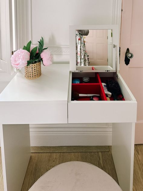 Ikea hack dressing table. DIY the Brimnes makeup vanity with mirror and drawers to look cute. This is a narrow piece so its perfect for small spaces. I'm using grasscloth and new hardware for the makeover tutorial Ikea Brimnes Dressing Table, Ikea Brimnes Vanity, Ikea Makeup Vanity Hack, Brimnes Vanity, Ikea Makeup Vanity Ideas, Ikea Makeup Table, Ikea Vanity Hack, Dressing Table Diy, Brimnes Dressing Table