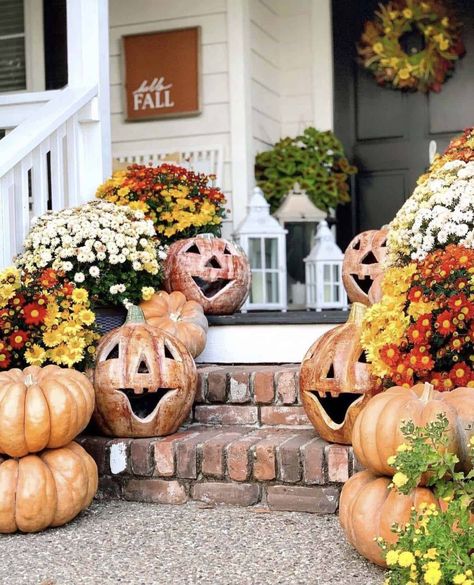 30 Insanely Warm And Welcoming Porch Decorating Ideas For Fall October Porch Ideas, Fall Front Garden Ideas, Front Door Mums, Small Fall Front Porch Ideas, Fall Front Porch Decor Ideas Entrance, Front Porch Pumpkins Display, Small Front Porch Fall Decor Ideas, Fall Decor Outside Front Porches, Fall Porch Decorating Ideas Front Doors