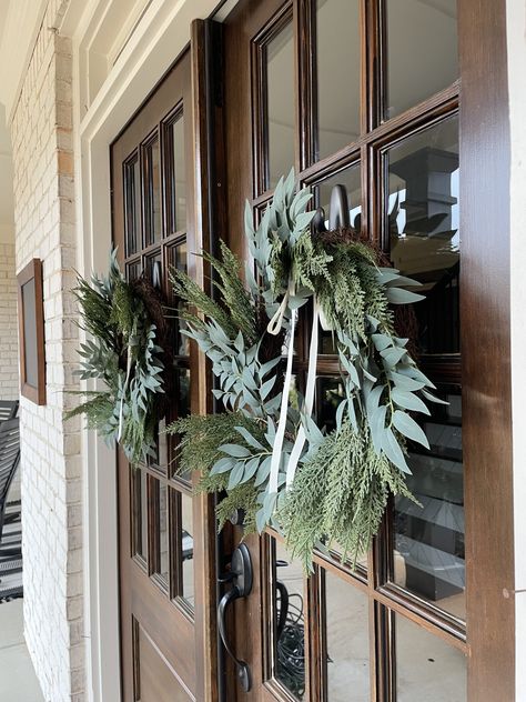 The Best Wreath Hooks for Glass Doors | Highland Home Design Company Christmas Decor For Double Front Doors, Wreaths On House Exterior, Wreaths On Glass Front Doors, Double Front Door Christmas Wreaths, Wreath Hangers For Glass Front Door, Wreaths On Double Front Doors, Glass Door Wreath Hanger, Hang Wreath On Glass Door, Hanging A Wreath On A Door