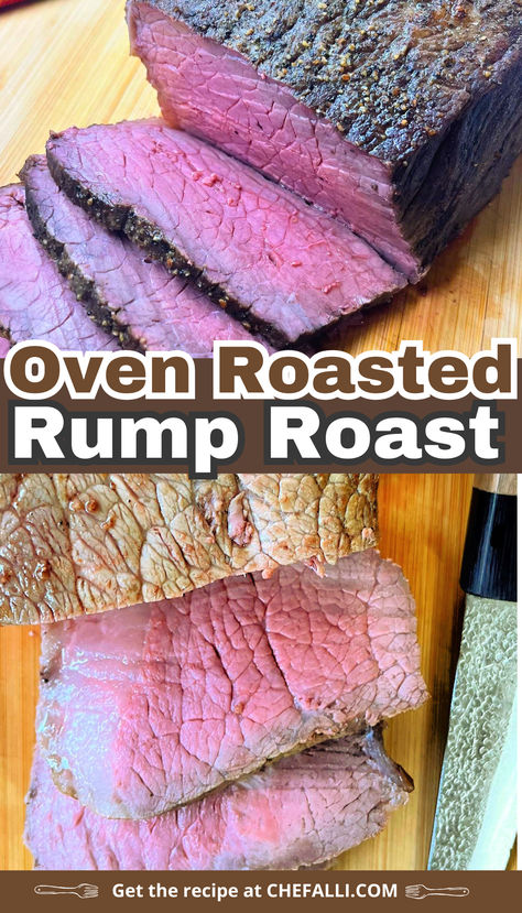 Sliced oven roasted rump roast on a cutting board. Tri Tip Recipes Oven, Oven Roasted Tri Tip, Tri Tip Steak Recipes, Tritip Recipes, Rump Roast, Roast In The Oven, Roasted Beef, Dry Rub Recipes, Roast Beef Recipes