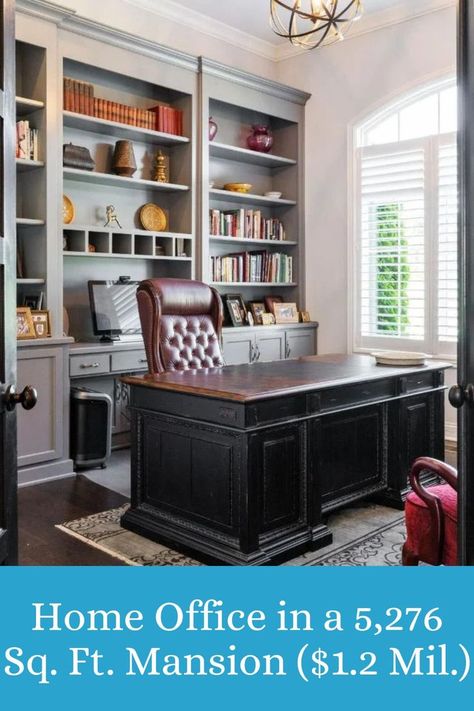 💼 Work in style in this sophisticated home office! 📚 Featuring built-in bookshelves, a luxurious leather chair 🪑, and an elegant dark wood desk 🖋️. Natural light streams through the large windows 🌞, creating the perfect blend of productivity and comfort. A professional yet cozy space for all your tasks! 🏡 #HomeOfficeGoals #StylishWorkspace Listing agent: Joy Hogan @ Coldwell Banker Realty Joanna Gaines Office Ideas, Joanna Gaines Office, Attic Office Ideas, Home Office With Built Ins, Dark Wood Desk, Home Study Rooms, Home Office Built Ins, Elegant Home Office, Attic Office