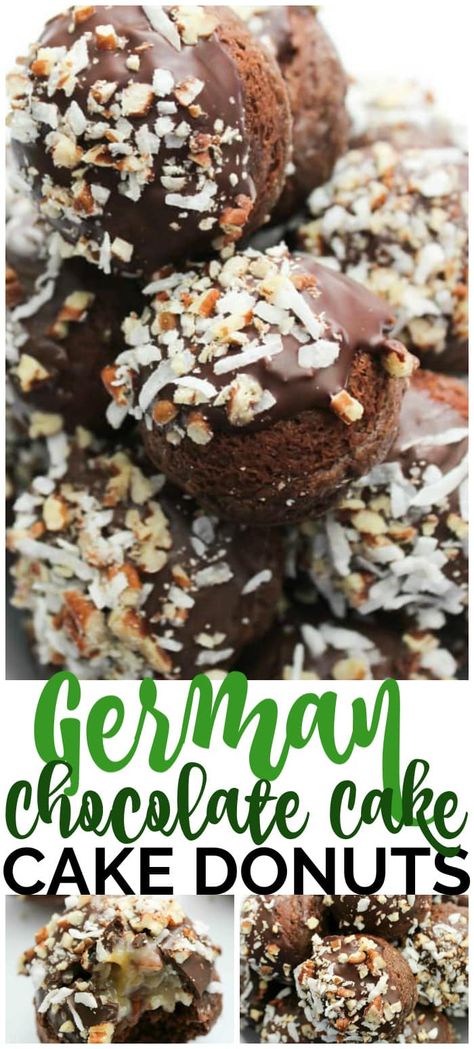 These German Chocolate Cake Donut Holes chocolate are filled with a German Chocolate frosting, then dipped in chocolate and topped with pecans and coconut. Cake Donut Holes, Chocolate Cake Donut, Chocolate Doughnuts Recipe, German Chocolate Frosting, Donut Hole Recipe, Chocolate Desserts Cake, Baked Donut, Cake Donut, Dipped In Chocolate