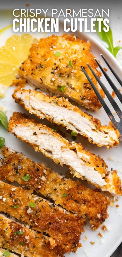 Whip up these crispy parmesan chicken cutlets in just 40 minutes! Perfectly seasoned with garlic, parmesan, and Italian seasoning, they're a hit with both kids and adults. Crispy Caesar Chicken Cutlets, Perfect Chicken Cutlets, Italian Chicken Cutlets Fried, Cheap Dinner Ideas With Chicken, Crispy Parmesan Crusted Chicken, Simple Crispy Chicken, Crispy Parmesan Chicken Cutlets, Chicken Parmesan Cutlets, Parmesan Crusted Chicken Cutlets