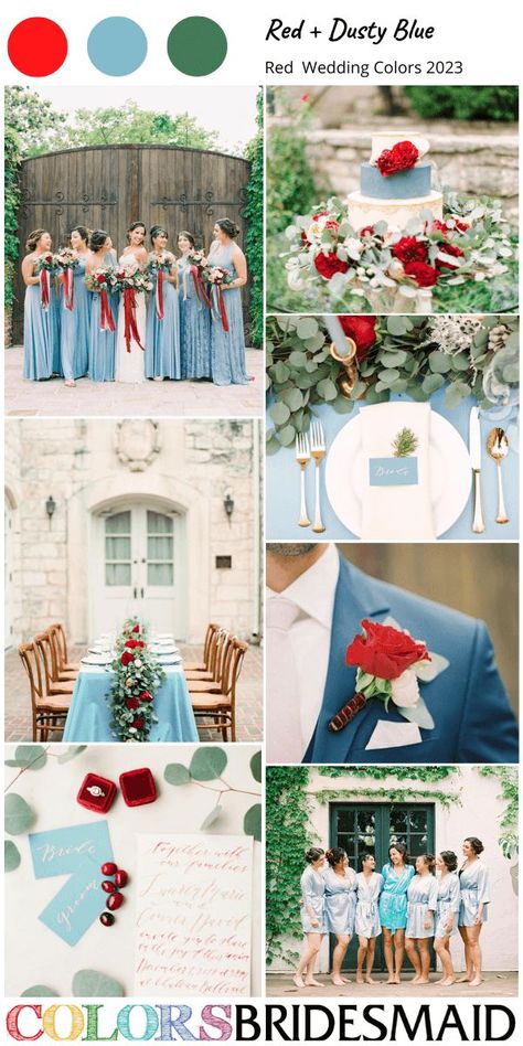 Blue And Red Winter Wedding, Dusty Blue And Red Wedding Theme, Blue Red And White Wedding, Light Blue And Red Wedding, Red White And Blue Wedding Theme, Dusty Blue And Red Wedding, Red Spring Wedding, Red And Blue Wedding Theme, Wedding Pallettes