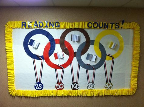 Reading Counts bulletin board done with ideas from fellow pinners!  Student names will be added later as they earn points! Accelerated Reader Display, Middle School Library Bulletin Boards, Olympic Bulletin Board, Middle School Bulletin Boards, School Wide Themes, Reading Counts, School Library Bulletin Boards, Accelerated Reading, Elementary Librarian