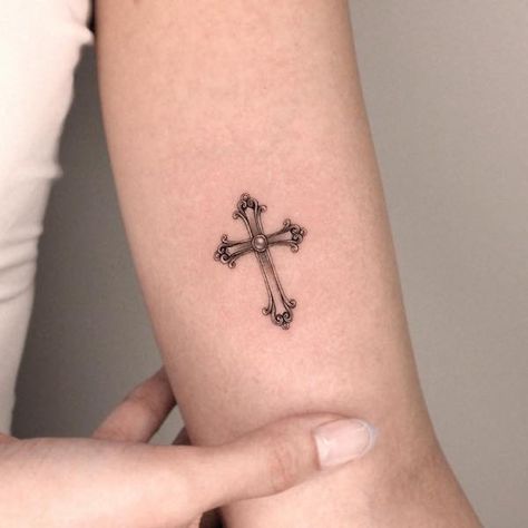 Baptist Tattoo Ideas, Small Crucifix Tattoo, Three Nails Tattoo, Totus Tuus Tattoo, Celtic Cross Tattoos For Women, Celtic Cross Tattoo Feminine, Cross Tattoos On Neck, Small Cross Tattoo For Men, Cross On Neck Tattoo