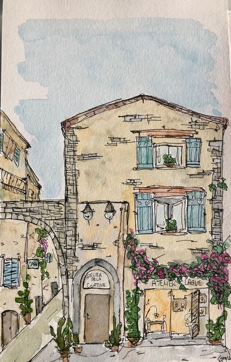 "SAINT-PAUL-DE-VENCE", a place I am going to visit soon! I am definitely in love with Saint Paul de Vence which I represent in the watercolour. This medieval village with its architecture, art history and beautiful landscape needs a visit! This is an hand made original watercolor, made with top quality watercolors, black micro drawing pen and Magnani watercolor paper 300g, 100% cotton. The sheet size is: 24cm X 15cm "SAINT-PAUL-DE-VENCE" will be a great addition to your interior, it can also be The Urban Sketchers, Beautiful Places Drawing, Watercolor Art With Black Pen, Pen And Watercolor Architecture, Watercolor Urban Sketching, Watercolor Art Person, Watercolor Architecture Simple, Watercolor Buildings Easy, Watercolor Art Architecture