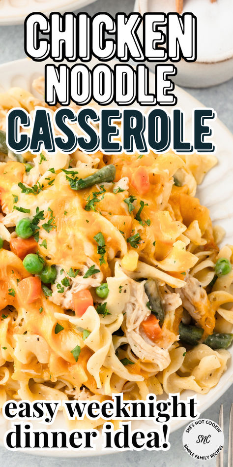 This Chicken Noodle Casserole is made with wide egg noodles, cooked chicken, frozen mixed vegetables (peas, carrots, corn, green beans), diced onion, minced garlic, butter, olive oil, all-purpose flour, chicken broth, milk, lemon juice, Italian seasoning, salt, black pepper, shredded Colby Jack cheese, and chopped fresh parsley for garnish. This easy Chicken Noodle Casserole recipe creates a delicious dinner that is ready in 45 minutes and can serve up to 10 people. Save for later! Chicken And Noodles With Vegetables, Easy Recipes For 10 People, Dump And Bake Chicken Noodle Casserole, Easy Leftover Chicken Recipes Simple, Chicken And Noodle Recipes Easy, Chicken Casserole With Vegetables, Chicken Pot Pie Casserole With Noodles, Chicken Vegetable Casserole Recipes, Dinner Recipes With Canned Chicken