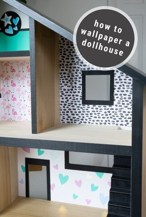 Learn how to wallpaper a dollhouse using beautiful but inexpensive methods, including scrapbook paper and adhesive vinyl, as well as my do's and don'ts for application! Dollhouse Update, Dollhouse Makeover Ideas, Dollhouse Redo, Diy Dollhouse Makeover, How To Paint A Doll House, Redo Doll House, Diy Dollhouse Wallpaper, Dollhouse Makeover For Boys, Redoing Dollhouse