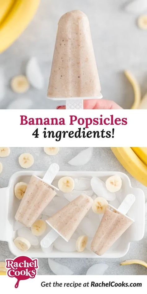 Cool off this summer with a refreshing and healthy frozen banana popsicle. All natural ingredients and only 128 calories per popsicle! Banana Ice Lollies, Banana Yogurt Popsicles, Strawberry Banana Popsicle Recipes, Infant Popsicle Recipes, Banana Chocolate Popsicles, Freeze Pops Aesthetic, Homemade Popsicles For Toddlers, Simple Popsicle Recipes, Popsicle Recipes For Toddlers