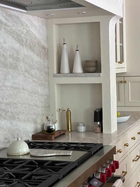 Shelving Next To Range Hood, Plaster Range Hood Alcove, Kitchen Range Niche, Jean Stoffer Range Alcove, Stone Covered Range Hood, Range Backsplash With Shelf, Hearth Style Range Hood, Plaster Hoods Kitchen, Recessed Range Hood