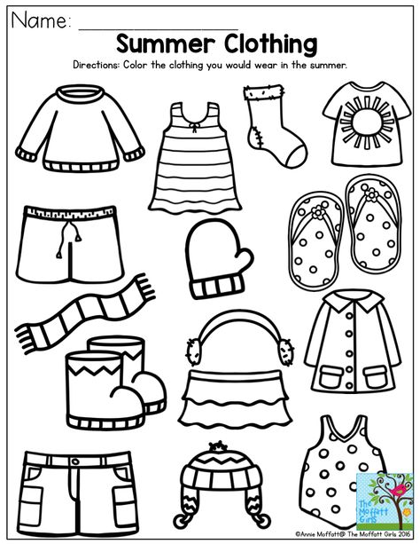 Summer Clothing- Color the items that you would wear in the summer. Summer Review NO PREP Packet for Preschool! Summer Clothing Activities For Preschool, Season Matching Worksheet, Summer Clothes Crafts Preschool, Summer Clothes Preschool Activities, Theme Summer Preschool, Summer Season Crafts Preschool, Summer Theme For Preschool, Summer Preschool Worksheets, Summer Season Activities For Preschool