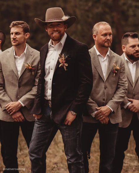 Discover the perfect blend of elegance and rustic charm for your countryside wedding. Explore unique groom attire that will make your big day unforgettable. Follow us for more inspiring options! #rusticwedding #groomstyle #weddingfashion #countrywedding Rustic Groomsmen Attire Vintage Groom, Mens Blazer And Jeans Wedding Groom Attire, Groom And Groomsmen Attire Jeans, Groom Jeans Wedding, Country Groomsmen Attire Jeans Boots, Groom Western Wedding Attire, Groom With Jeans, Mountain Wedding Groom Attire, Casual Wedding Groom Attire