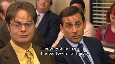 "The only time I set the bar low is for limbo." Grad Quotes, Michael Scott Quotes, Worlds Best Boss, Yearbook Quotes, Office Memes, Office Quotes, Best Boss, Last Ride, Important Life Lessons