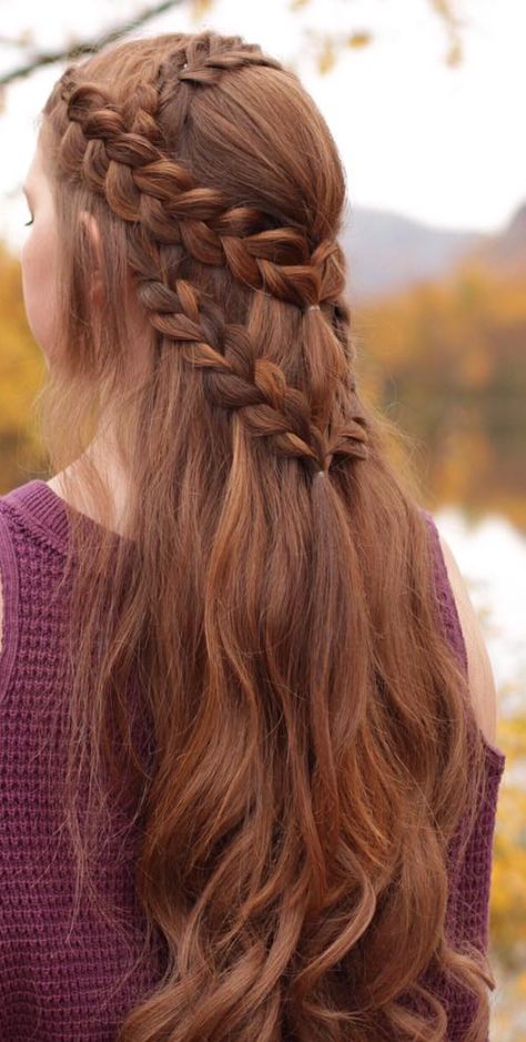 Katah, can you do my hair like this?? Fantasy Braided Hair, Braided Hair Half Up, Intricate Braids For Long Hair, Outlander Hairstyles, Fantasy Hairstyle, Medieval Braids, Peasant Hair, Red Hair Braids, Fantasy Hairstyles