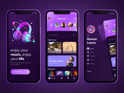 Music social app on Behance Mobile Apps Designs, Gaming Ui Design, Music Ui Design, Game App Design, Music App Ui Design, Social Media App Design, Playlist Design, Creative App Design, Music Ui