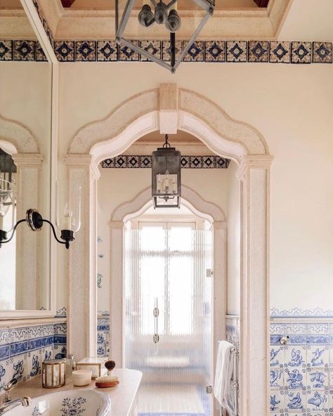 Magical before and after by Lisbon design studio @viterbo_interior_design. . . . . . #portugal #portuguesetiles #tiles #bathroom… | Rachel Gandin Mark (@casaraquelita) on Instagram Portuguese Tiles Bathroom, Greek Bathroom, Lisbon Apartment, Blue Bathroom Tile, Narrow Bathroom, Mediterranean Design, Bathroom Design Decor, Blue Home Decor, House Beautiful