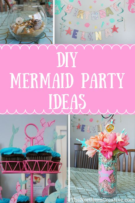 DIY Mermaid Party Ideas- Inspiration for making your own mermaid party decorations, including centerpieces, cupcake toppers, party favors, and birthday banner. Mermaid Birthday Party Decorations Diy, Diy Mermaid Birthday Party, Mermaid Party Printables, Mermaid Party Ideas, Mermaid Birthday Party Ideas, Mermaid Pirate Party, Mermaid Cupcake Toppers, Mermaid Birthday Decorations, Mermaid Birthday Party Decorations