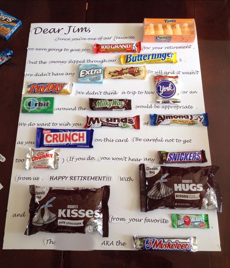 Retirement gift for a friend. *NOTE: original idea found on Pinterest, but I tweaked the wording and candy for my own gift Retirement Gifts Diy, Retirement Candy, Candy Bar Poster, Candy Bar Gifts, Candy Bar Posters, Candy Board, Retirement Party Gifts, Candy Grams, Retirement Gifts For Men