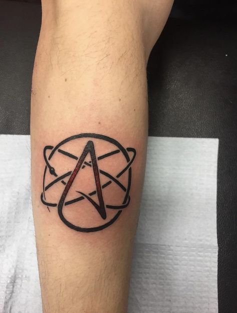 Atheist A. Done by Anthony at Geek Ink In Broken Arrow Ok #tattoos #tattoo #beauty Atheist Tattoo, Band Tattoos For Men, Tattoo Mistakes, Bright Tattoos, Nerd Tattoo, Prison Tattoos, C Tattoo, Traditional Ink, R Tattoo