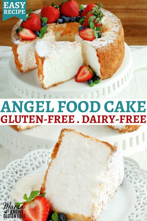 Gluten Free Angle Food Cake Recipe, Gluten Free Angle Food, Birthday Desserts Gluten Free, Gluten Free Dairy Free Desserts Recipes, Gf Angel Food Cake Gluten Free, Gluten Free Angel Cake, Dairy Gluten Free Dessert Recipes, Gluten And Lactose Free Cake, Best Gluten And Dairy Free Desserts