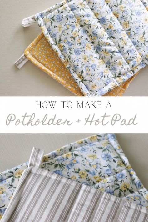 Hand Sewn Potholders, Pot Holder Sewing Pattern Free, Diy Quilted Potholders, Easy Hand Sewn Gifts, How To Quilt Fabric, How To Make Hot Pads, Sewing Projects For Kids Gifts, Homesteading Sewing Projects, Easy Kid Sewing Projects