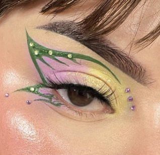 butterfly makeup + pink + yellow + green Lovely Makeup, Lash Kit, Butterfly Makeup, Graphic Makeup, Swag Makeup, Dope Makeup, Fairy Makeup, Colorful Eye Makeup, Edgy Makeup