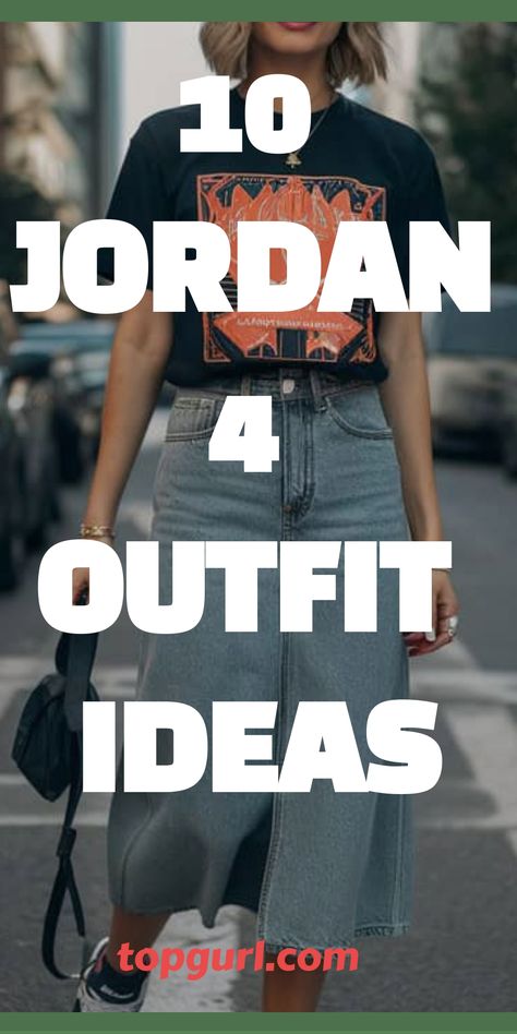 Jordan 4 Outfit Ideas: How to Rock Your Sneaker Game Outfit With Air Jordan Women, Jordan Shoes Outfits Women Style, Black Women Jordans Outfit, Chic Jordan Outfit, Jean Skirt With Jordans Outfit, Brunch Outfit With Jordans, Leather Jacket And Jordans Outfit, Long Skirt Outfits With Dunks, Saturday Running Errands Outfit