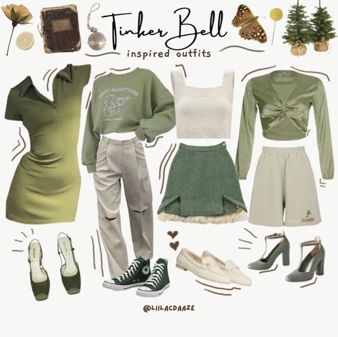 Tinkerbell Aesthetic Outfit, Tinkerbell Outfit Ideas, Tinkerbell Inspired Outfits, Tiana Inspired Outfits, Disney Character Inspired Outfits, Tinkerbell Disneybound, Fairy Fits, Fairy Aesthetic Outfit, Tinkerbell Outfit