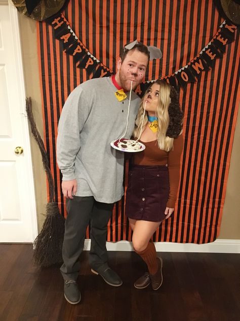 Aww how cute lol. Lady and the Tramp couples costume #halloween Kostum Disney, Disney Çiftleri, Disney Couple Costumes, Easy Couple Halloween Costumes, Easy College Halloween Costumes, Meme Costume, Cute Couples Costumes, Kostum Halloween, Unique Couple Halloween Costumes