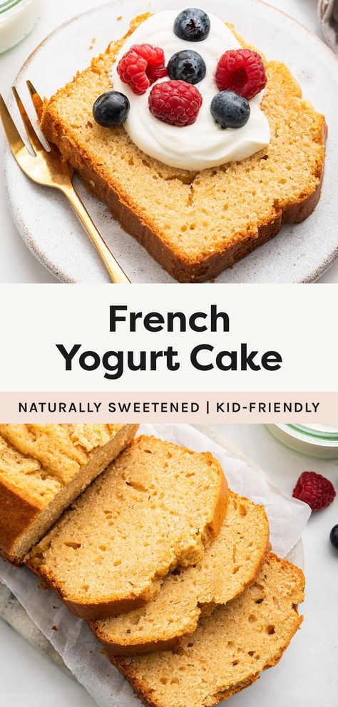 This super easy, no-measure French yogurt cake is made with Greek yogurt, olive oil and naturally sweetened with maple syrup. It takes just minutes to prep, has a moist, tender crumb and is the perfect recipe for kids to help with! French Yogurt, French Yogurt Cake, Clean Eating Sweets, Healthy Smash Cake, Greek Yogurt Cake, Olive Oil Cake Recipe, Strawberry Cake Easy, Oatmeal Cake, Recipe For Kids