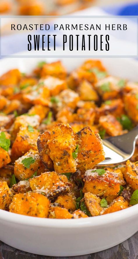 Savory Sweet Potatoes, Potatoes Parmesan, Thanksgiving Side Dishes Crockpot, Potatoes Thanksgiving, Thanksgiving Side Dishes Healthy, Sweet Potato Side Dish, Sweet Potato Recipes Roasted, Sweet Potato Sides, Potatoes Roasted