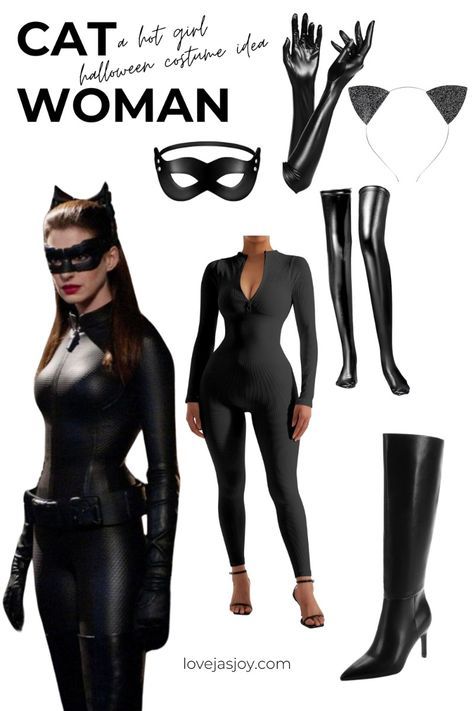 Cat Woman Eye Makeup Halloween, Catwoman Costume Makeup, Hot Villian Costumes, Iconic Halloween Outfits, Simple Catwoman Costume, Diy Catwoman Costume Woman, Diy Cat Women Costumes, Cat Woman Halloween Makeup, Halloween Costumes Catwoman