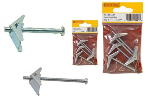 Cavity Toggle Hollow Wall Fixings Screws Bolt Plaster Board Raw Plugs 50mmxM3,M5 Description: Zinc Plated Pack of 4 Centurion Branded Good corrosion protection. Quick and easy to install.  Expands into any cavity using spring force.   Suitable for narrow cavity depths and overhead installations.  For use on gypsum plasterboard, fibreboards, chipboard, plywood and cavity slabs. Feedback: We leave feedback as soon as transaction is complete. If you have had any problem with your order, please cont Plaster Board, Hollow Wall, Gypsum Board, Cavities, Plywood, Force, Wall