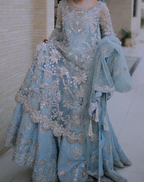 Nikkah Dress Blue, Light Blue Nikkah Dress, Blue Nikkah Dress, Reception Sharara, Light Blue Pakistani Dress, Blue Pakistani Dress, Plazo Suits, Plazzo Suits, Pakistani Party Wear Dresses