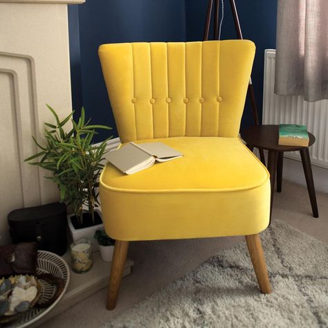 Dunelm on Instagram: “Sit back and relax with our Ochre Isla Chair! Searching for the perfect thing to watch on a lazy Sunday afternoon? Tune in to Back to Mine…” Living Room Yellow Accents, Yellow Chairs, Yellow Accent Chairs, Modern Retro Furniture, Yellow Chair, Yellow Living Room, Cocktail Chair, Retro Chair, Retro Furniture