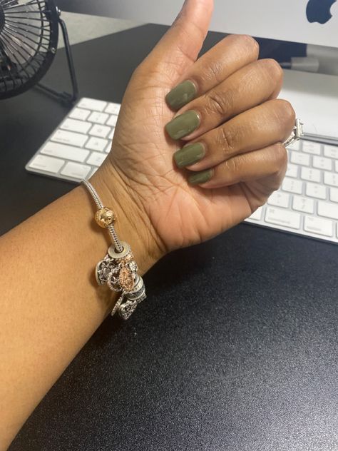 Dark, Forrest, Army Green Nails on Blck Woman. Brown skin hands with acrylic nails. Green Nails On Tan Skin, Green Nails On Brown Skin, Nails On Dark Skin Hands, Army Green Nails, With Acrylic Nails, Olive Nails, Nail Paints, Brown Nail Polish, Solid Color Nails