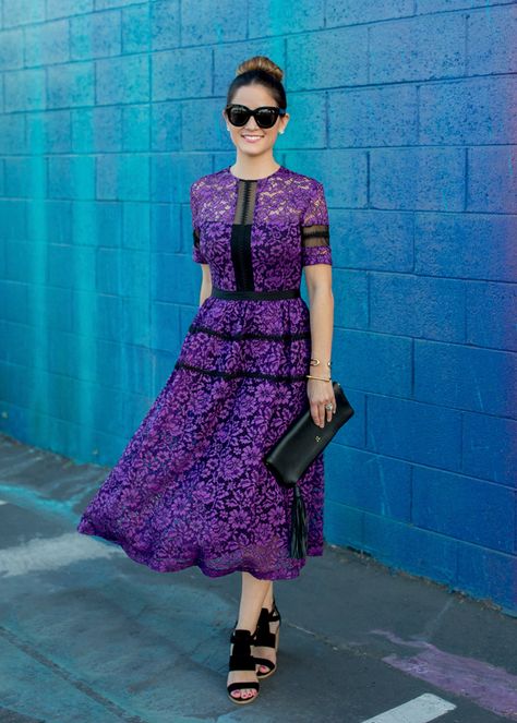 Jennifer Lake Style Charade in a Donna Morgan purple lace midi dress, GiGi New York Stella Clutch at a multicolor street art mural wall in Los Angeles Lace Dress Styles Ghana, Purple Lace Midi Dress, Lace Dress Pattern, Street Art Mural, Lake Style, Purple Lace Dress, Lace Dress Styles, Well Dressed Women, Sixties Fashion