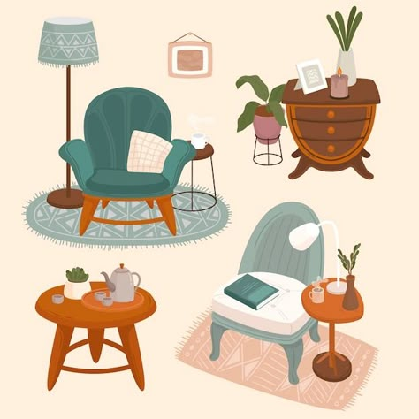 Collection of interiors with stylish com... | Free Vector #Freepik #freevector #couch #sofa #home-furniture #sofa-chair Bistro Interior, Cat Climbing Tower, Cute Furniture, Cozy Couch, Furniture Logo, Cozy Chair, Living Room Background, Interior Illustration, Decoupage Vintage