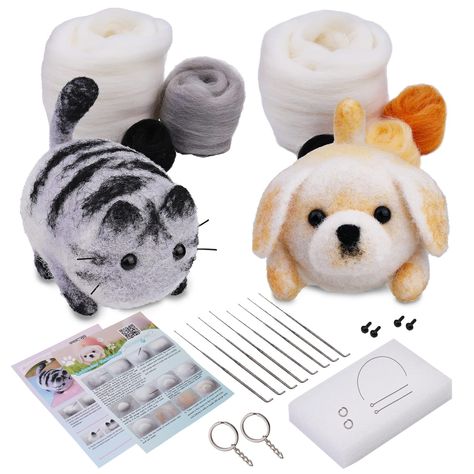 PRICES MAY VARY. Needle felt starter kit: You will get 2 pieces of dog and cat making wool material kit, 2 pieces of instructions, 2 pieces of white foam pad, size 11.5 × 8.5 cm, 10 felting needles, 2 pieces of keychain, 2 pieces of split ring, 2 pairs of eyes, 1 whiskers, a total of 23 pieces in the package, this is a set of exquisite DIY crafts, can be used as a present to good friends High quality wool: Our needle felt kit is made of high quality wool, with fine texture, no odor and impuritie Felting Diy, Felting Needles, Needle Felting Supplies, Roving Wool, Needle Felting Diy, Friends High, Wool Felting, Felting Wool, Needle Felting Kits