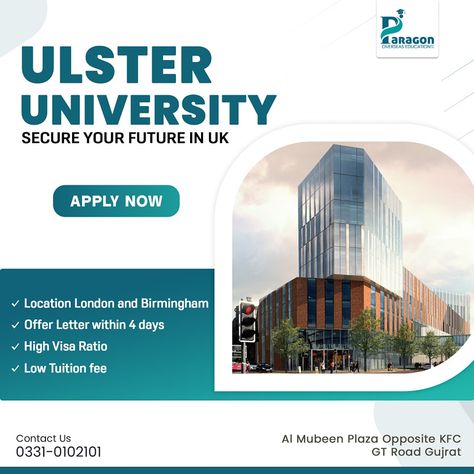 Study at Ulster University✈️ with Paragon Overseas Education Gujrat Ideal locations in London and Birmingham, low tuition fees, high visa success rate, and offer letters within 4 days! Secure your future today. For Further Details kindly Contact or Visit Us: 📍1st Floor Al Mubeen Plaza Near Rescue 1122 Service Morh GT Road, Gujrat 📞+92 3000203761 , 0533724484 +92 3000207730 +92 333 1207008 +92 300 0207732 +92 333 1207009 +92 300 0207738 +92 333 1207001 +92 331 0102203 +92 331 0102101 +92 300 0... Ulster University, Overseas Education, Tuition Fees, Success Rate, Birmingham, In London, University, How To Apply, London