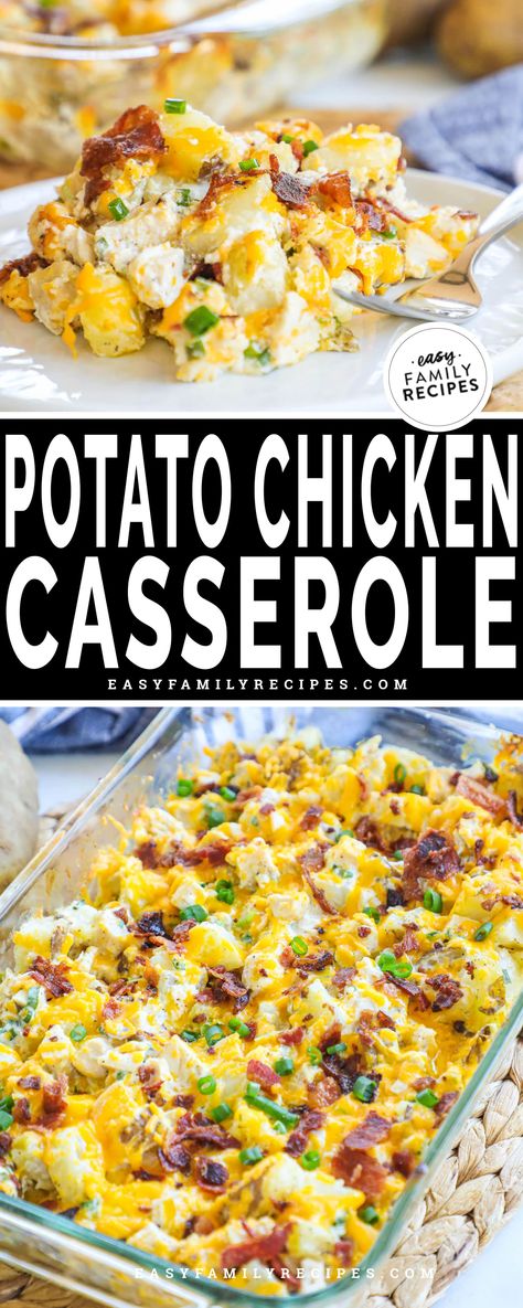 Loaded Baked Potato Chicken Casserole · Easy Family Recipes Easy Dinner Recipes For Family Chicken Casseroles, Easy Family Oven Dinners, Shredded Baked Chicken Recipes, Oven Family Meals, Shredded Chicken Bake Recipes, Shredded Chicken Potato Recipes, Easy Dinners With Shredded Chicken, Chicken And Potato Bake One Pan, Loaded Baked Potato Meal Prep