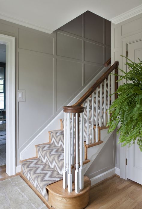 entrances/foyers - gray wall panels, gray paneling, gray wall paneling, ikat stair runner, yellow and gray stairs Paneling Design, Stair Paneling, Gray Stairs, Stair Wall, Staircase Wall, Staircase Remodel, Staircase Makeover, Wall Panel Design, Gray Wall