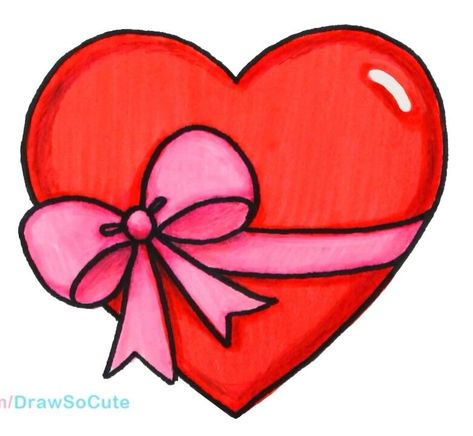 Heart With Ribbon Drawing, Cute Valentines Doodles, Valentines Day Drawings Easy, Easy Heart Drawings, Love Heart Drawing, Cute Heart Drawings, Valentine Drawing, Valentine Cartoon, Valentines Day Cartoons