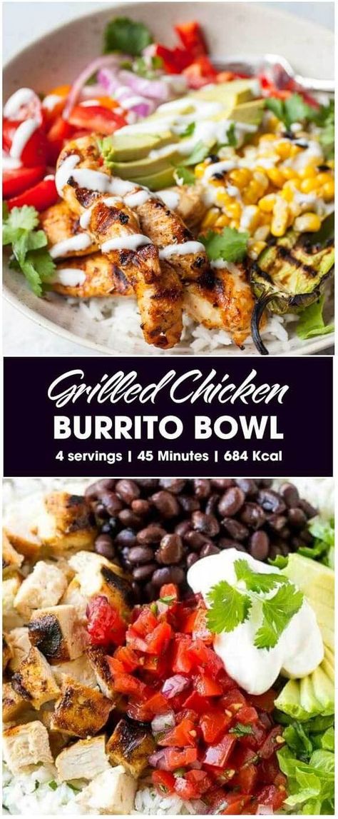 Grilled Chicken Burrito Bowl – By the Recipes Chicken Bowls Healthy, Avocado Sour Cream, Chicken Bowl Recipe, Sliced Avocado, Burrito Bowls Recipe, Healthy Bowls Recipes, Chicken Burrito, Chicken Burrito Bowl, Rice Bowls Recipes