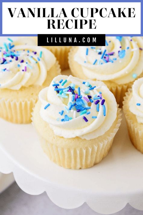 This moist and fluffy vanilla cupcake recipe is perfect for parties, celebrations, or just because. It's so flavorful! #vanillacupcakes #cupcakes #vanilla #dessert #cake Yellow Cupcake Recipe, Vanilla Cupcakes From Scratch, Fluffy Vanilla Cupcake Recipe, Best Vanilla Cupcakes, Best Vanilla Cupcake Recipe, Homemade Vanilla Cupcakes, Vanilla Dessert, Cupcakes From Scratch, Easy Vanilla Cupcakes